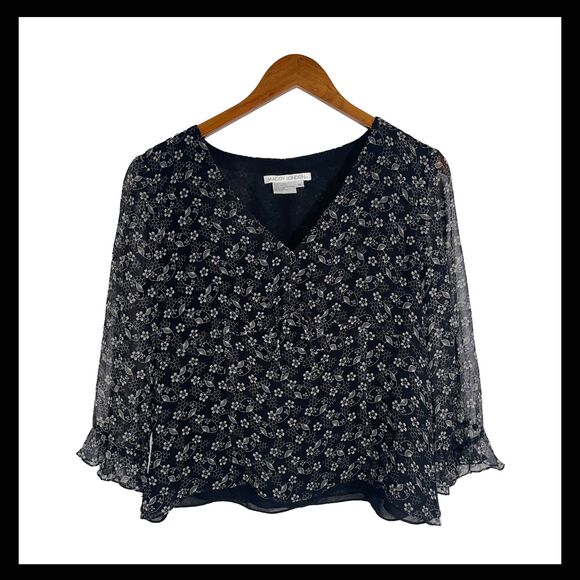 Maggy London Black Silk Sheer Floral Blouse Size 14 Empire Waist Cropped V-Neck - Picture 1 of 11